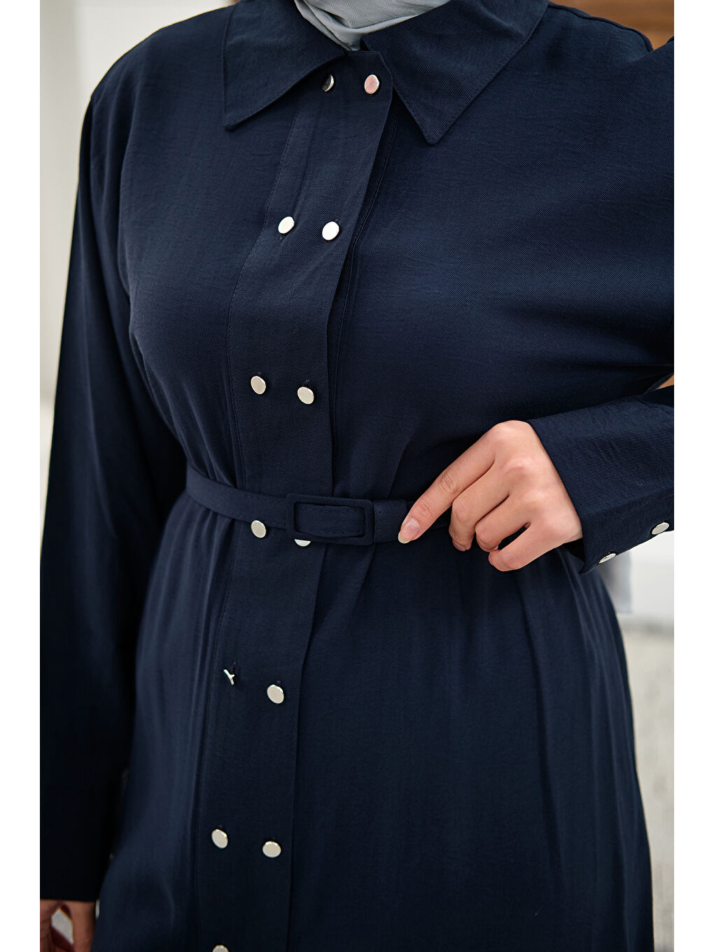 Kadın Gömlek Yaka Çift Düğmeli Uzun Tunik Lacivert-4