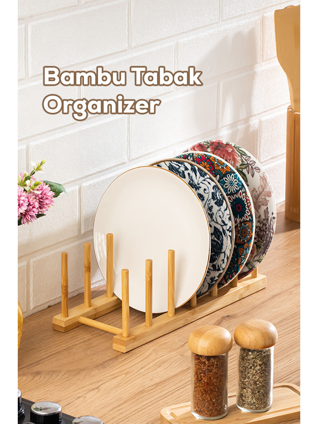 Kahverengi 2077 Mutfak Organizeri Ahşap Mutfak Düzenleyici Tabaklık Ahşap Bardaklık Tabak Standı Ahşap