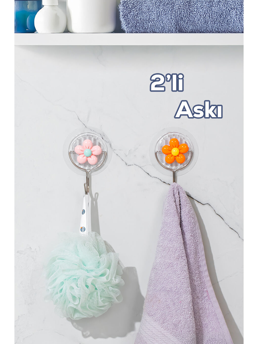 Renksiz 084 2 Adet Papatya Desenli Dekoratif Yapışkanlı Banyo Mutfak Elbise Askılığı Havlu Askılığı