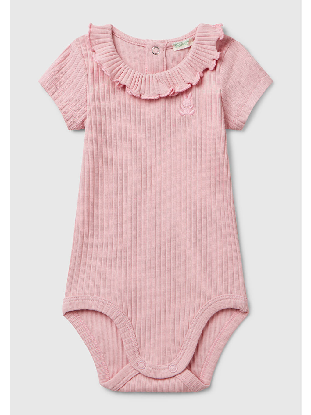 Bebek Pembe Tavşan İşlemeli Yakası Fırfırlı Kısa Kollu Çıtçıtlı Body