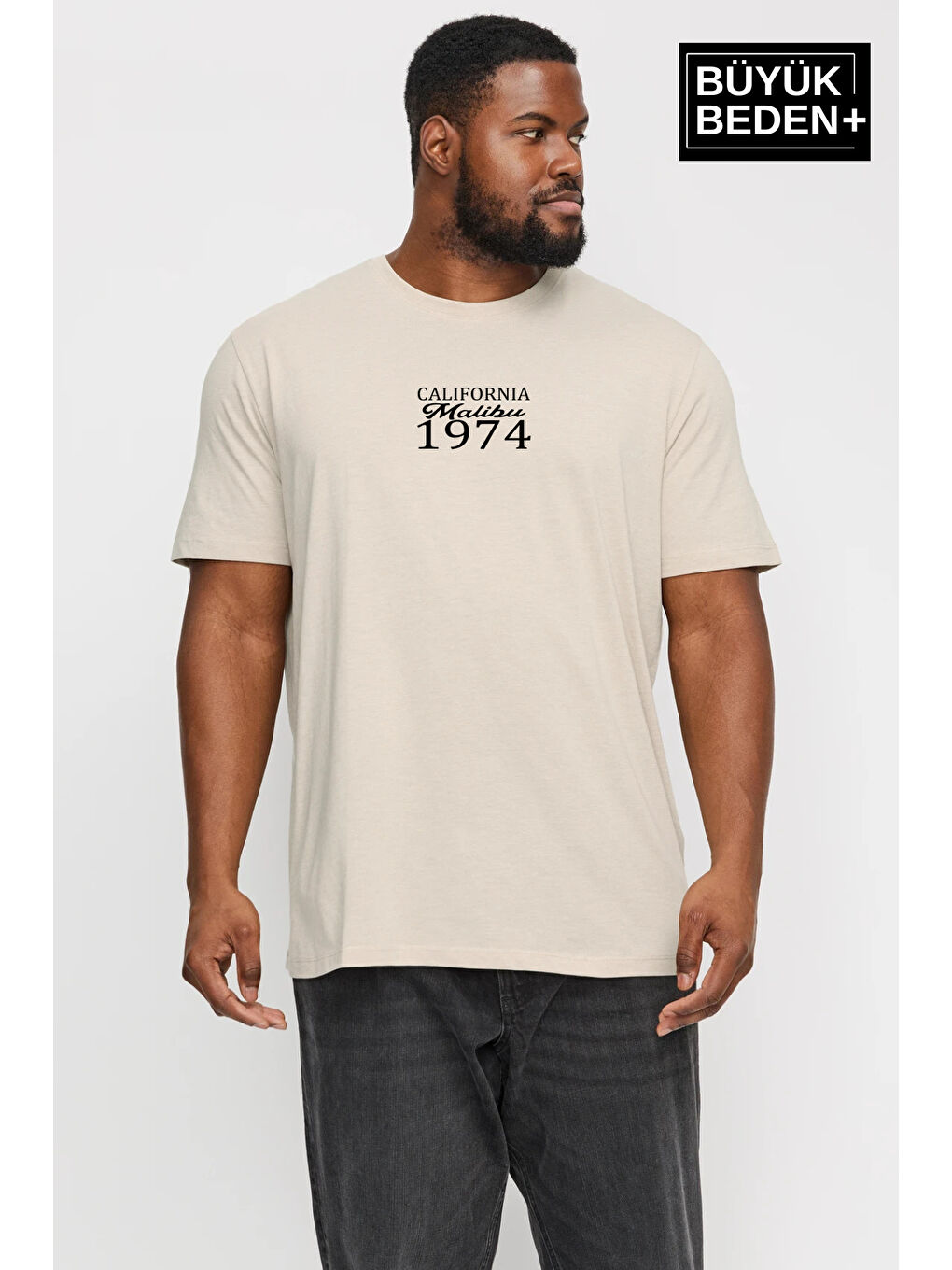 Bej Erkek Büyük Beden California 1974 Baskılı Bisiklet Yaka Tişört SPR25BTS906