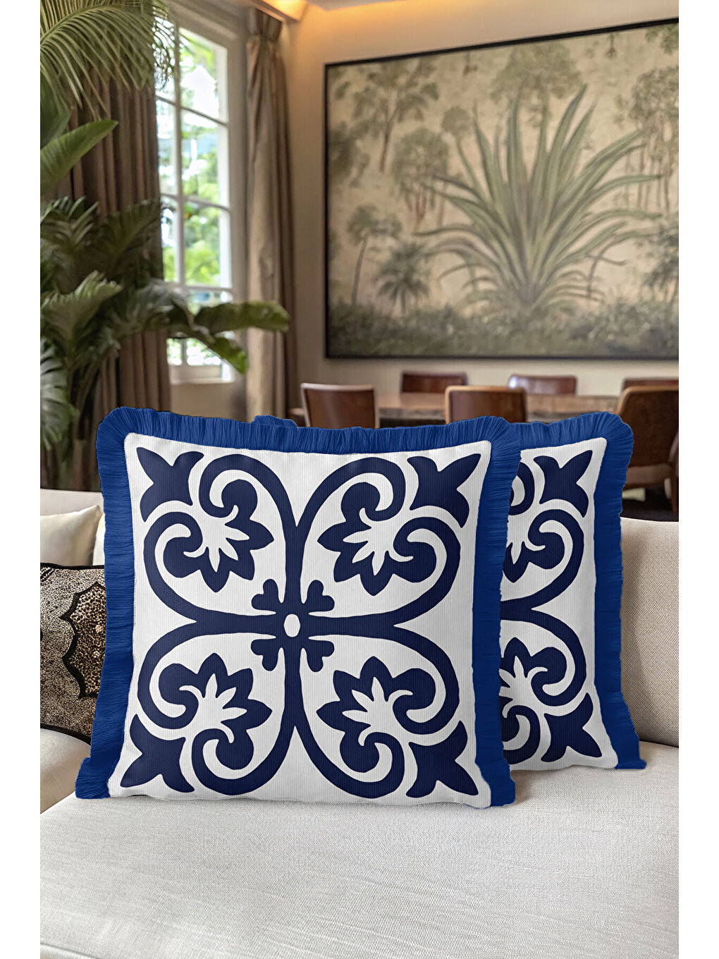 Karışık Barok Motifli Saçaklı Yastık Kılıfı - Akdeniz Klasik Lacivert Beyaz Püsküllü Kırlent Kılıfı-5