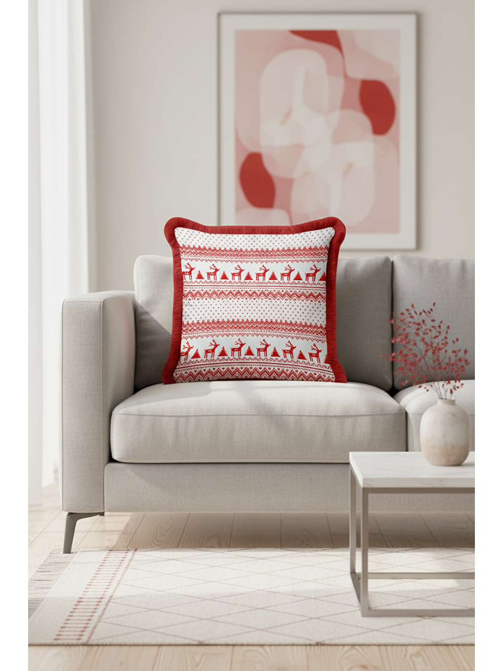 Karışık Yeni Yıl Motifli Saçaklı Yastık Kılıfı - Geyikli Kış Rustik Kırmızı Beyaz Püsküllü Kırlent Kılıfı-4