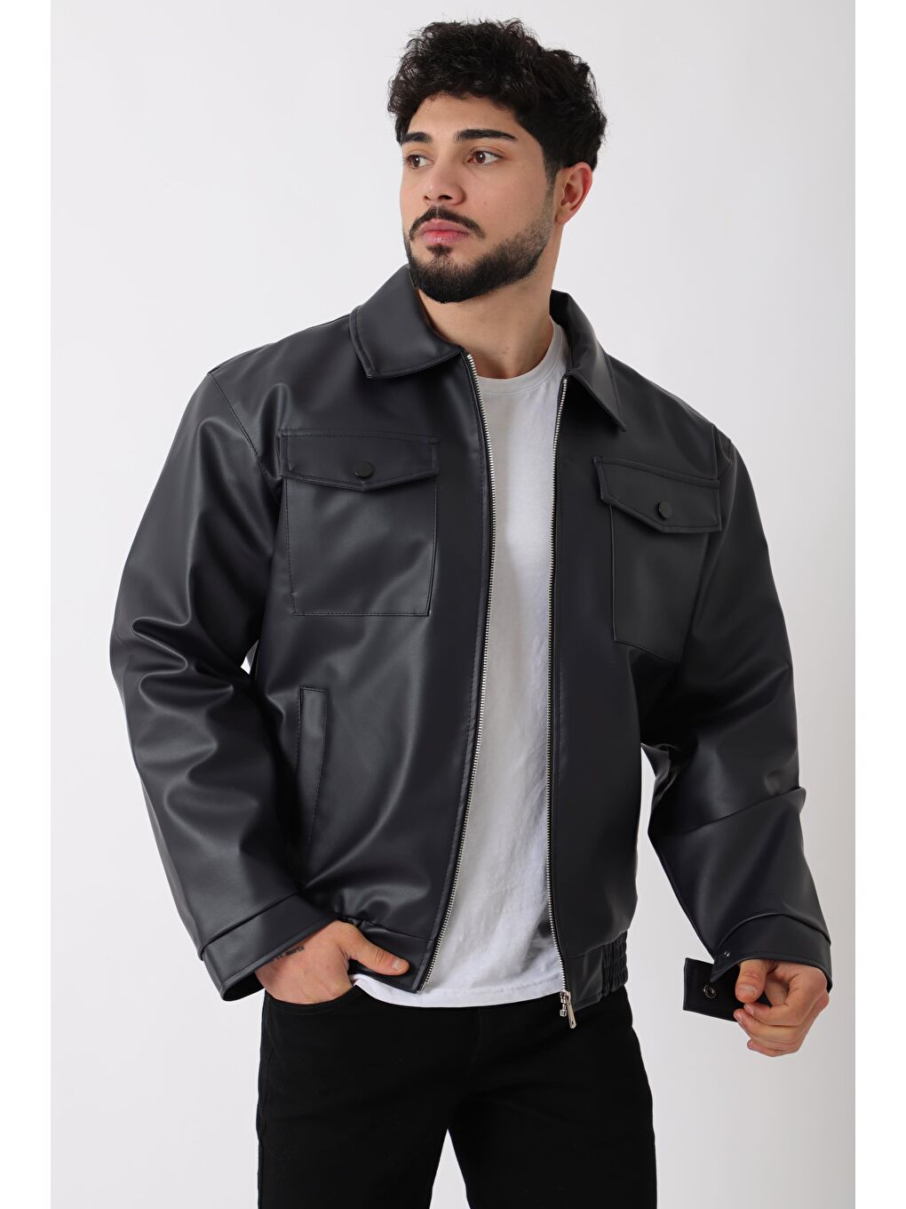 Lacivert Bel Lastikli Kapaklı  Suni Deri Mont PLDP 2998_50447