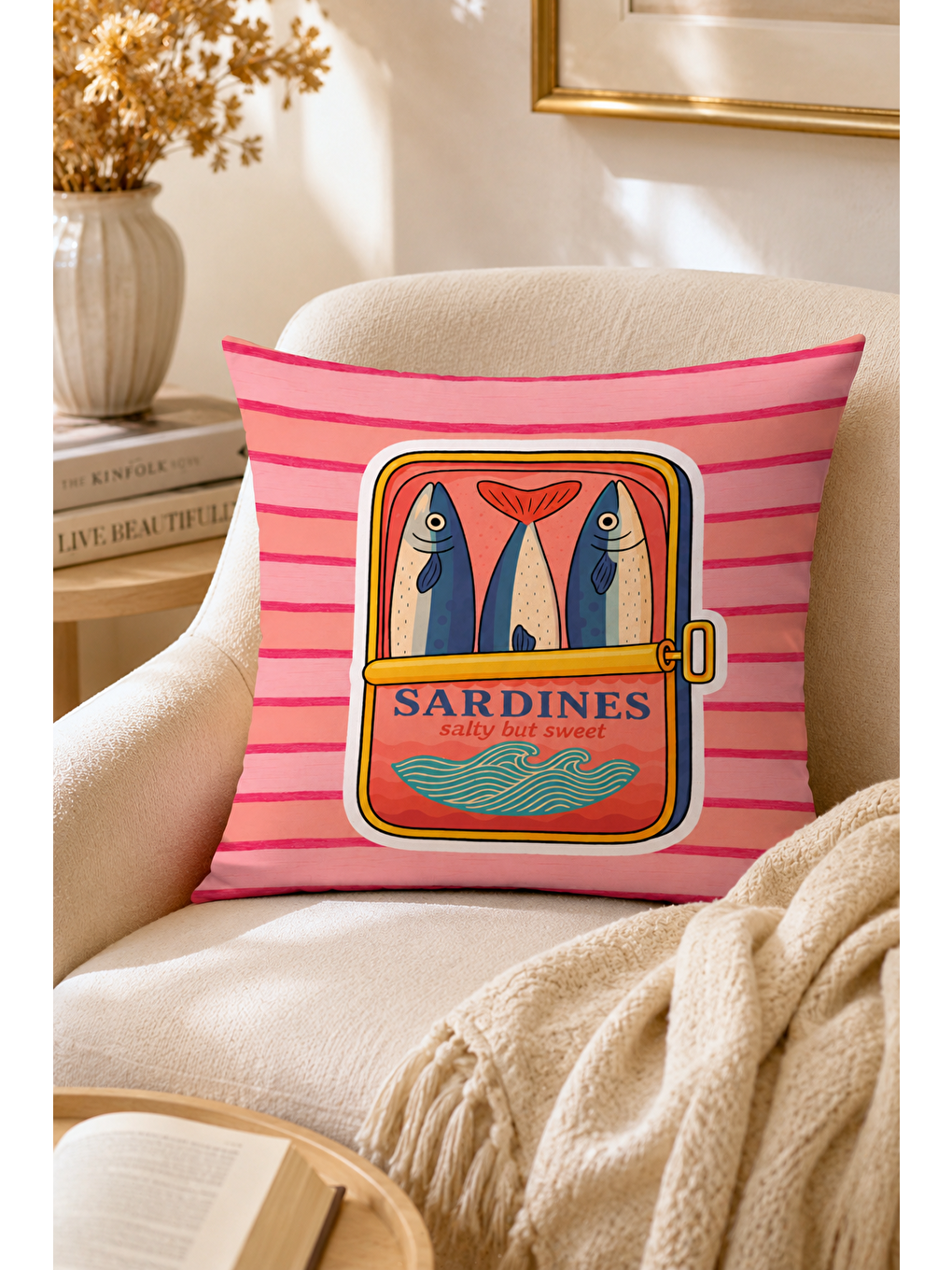 Beyaz Sardines Balık Konservesi Yazı Baskılı Dekoratif Kırlent Kılıfı Yazlık Dekor 43x43 Cm-6