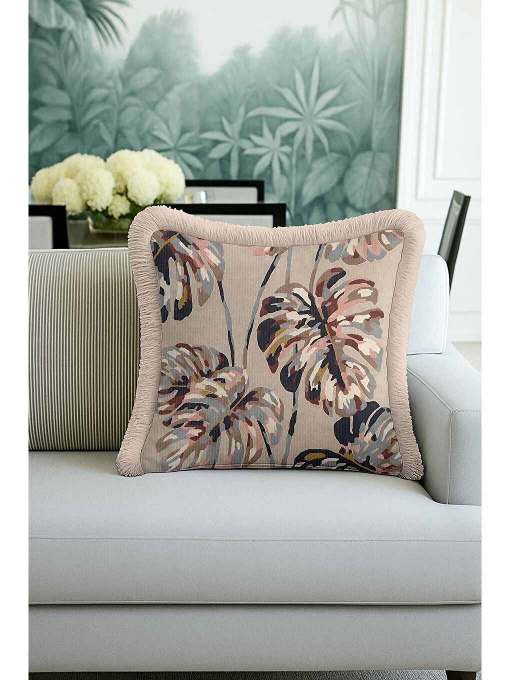 Karışık Tropikal Çiçekli Saçaklı Yastık Kılıfı - Doğal Bohem Bej Çok Renkli Püsküllü Kırlent Kılıfı