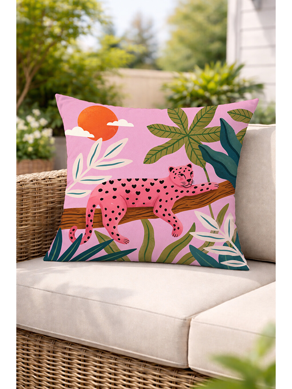 Pembe Leopar Tropikal Yaprak Desenli Dekoratif Kırlent Kılıfı Bohem Dekor 43x43 Cm-1