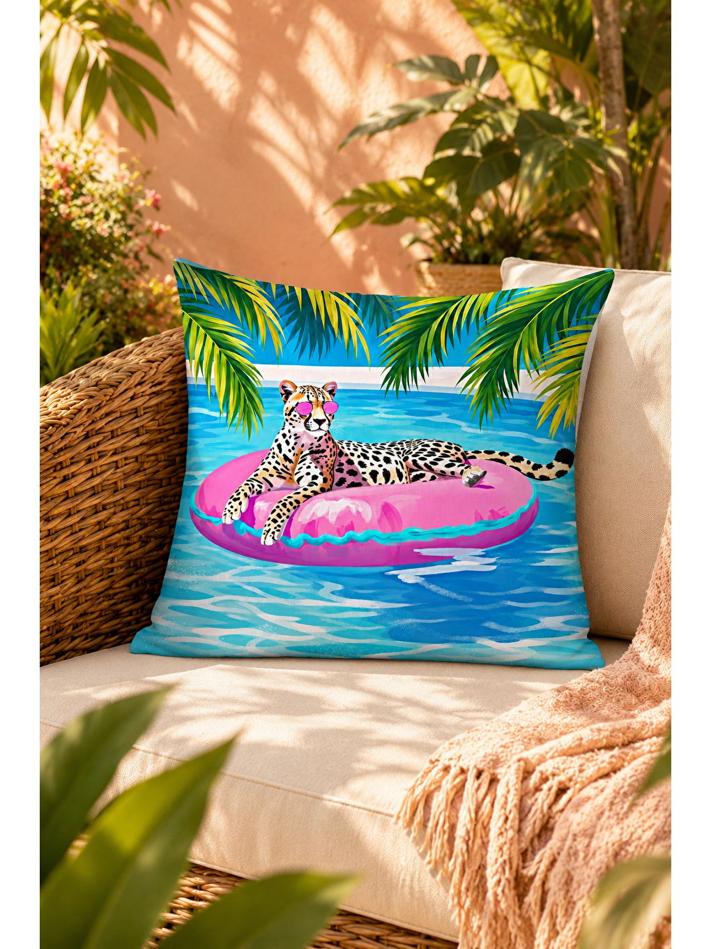 Mavi Havuzda Leopar Tropikal Desenli Dekoratif Kırlent Kılıfı Yazlık Ev Dekor 43x43 Cm-7