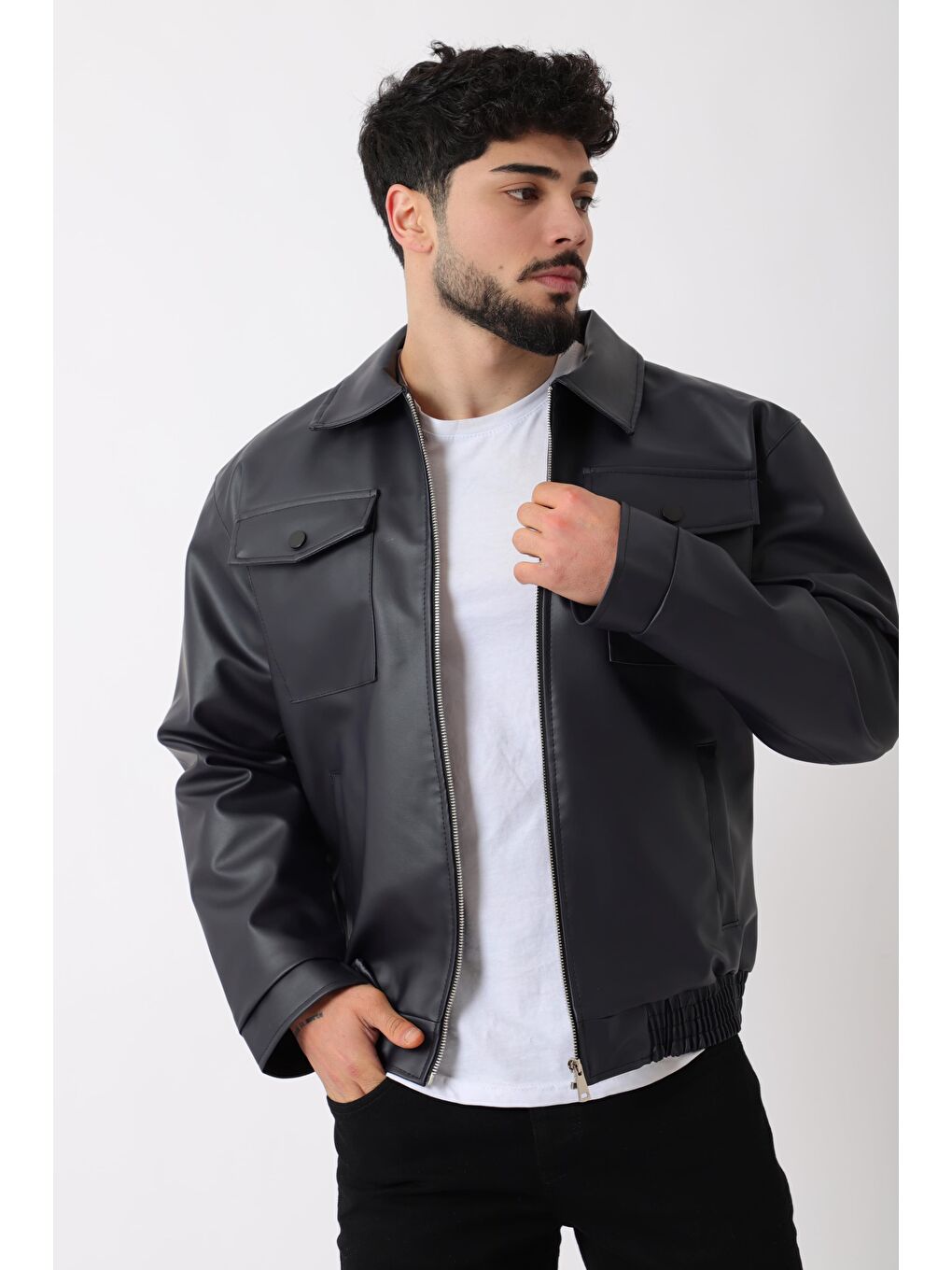 Lacivert Bel Lastikli Kapaklı  Suni Deri Mont PLDP 2998_50447-1