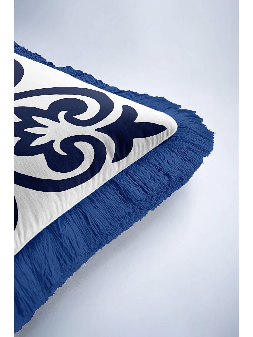 Karışık Barok Motifli Saçaklı Yastık Kılıfı - Akdeniz Klasik Lacivert Beyaz Püsküllü Kırlent Kılıfı-6
