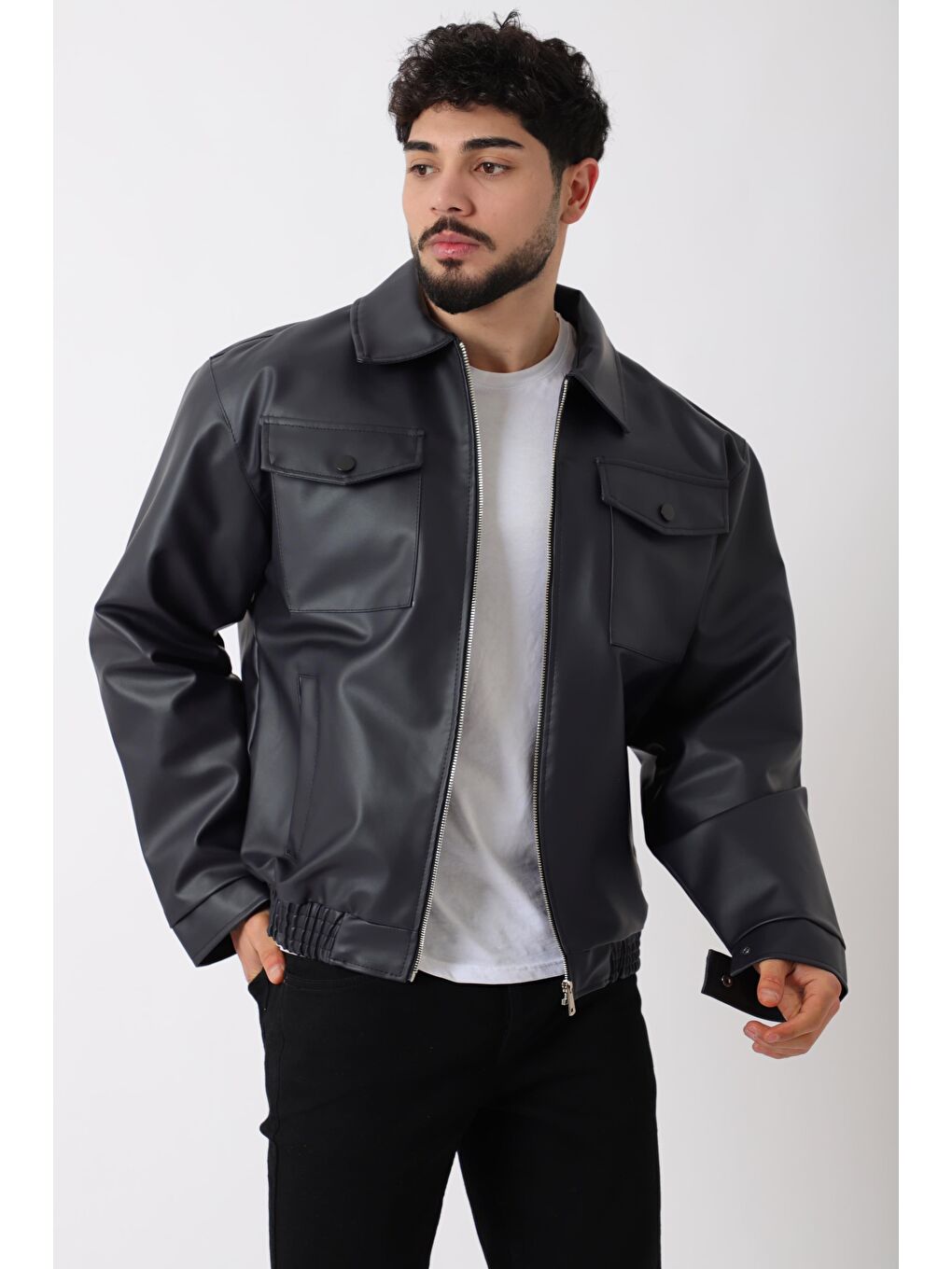 Lacivert Bel Lastikli Kapaklı  Suni Deri Mont PLDP 2998_50447-2