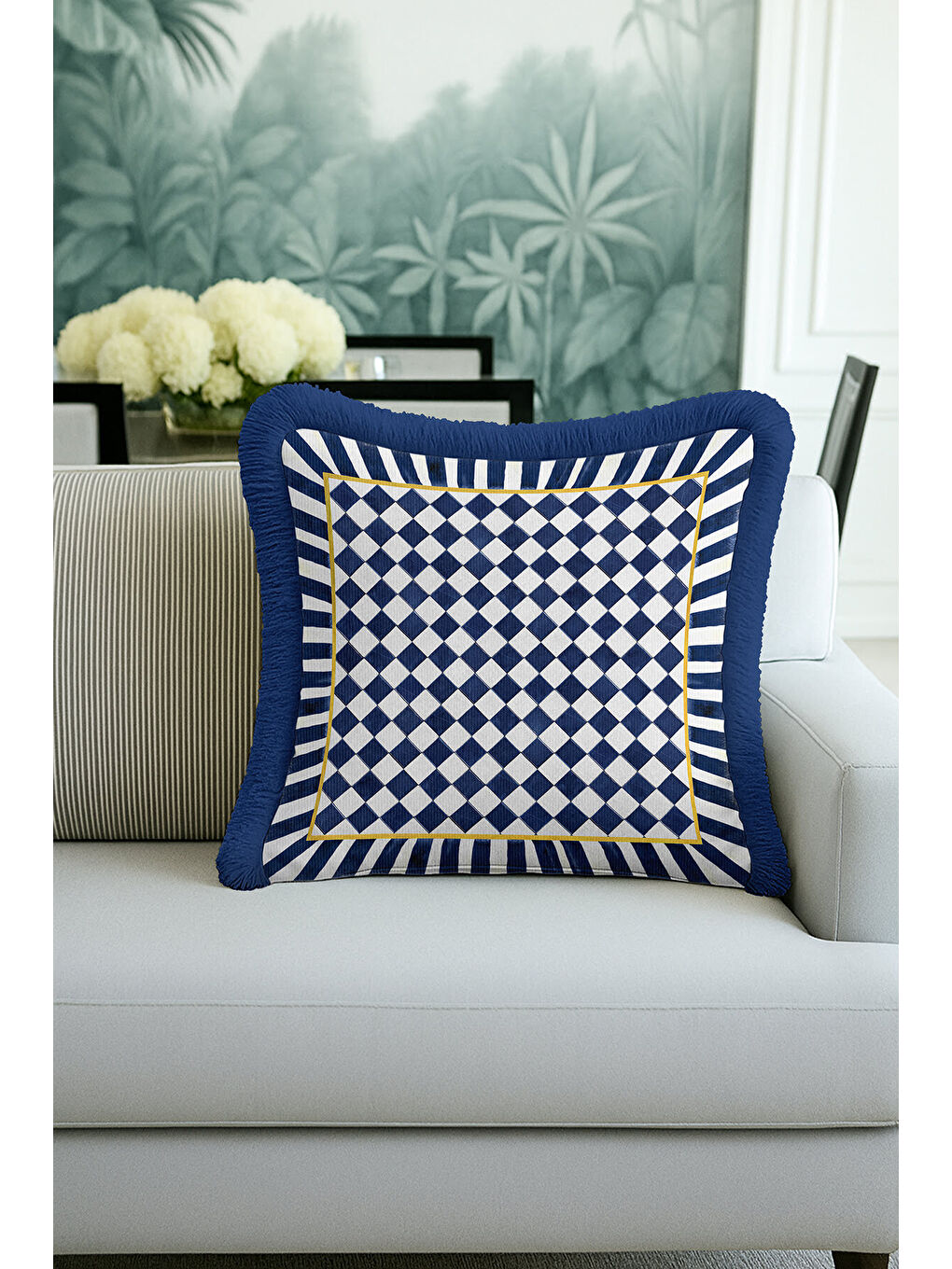 Karışık Lüks Geometrik Saçaklı Yastık Kılıfı - Modern Royal Mavi Altın Renkli Püsküllü Kırlent Kılıfı
