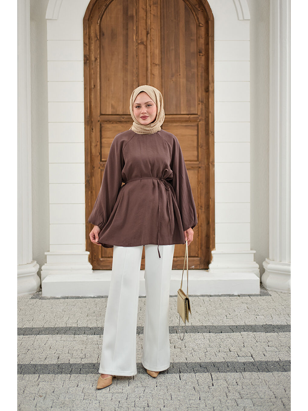 Kadın Bel Bağlamalı Tunik Kahverengi-2