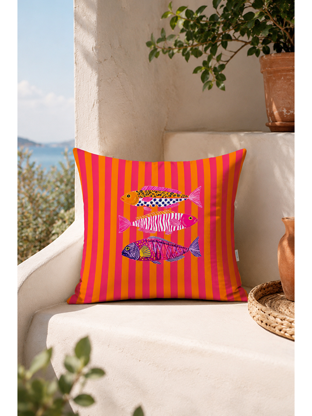 Fuşya Renkli Balık Çizgili Marin Dekoratif Kırlent Kılıfı Yazlık Balkon Dekor 43x43 Cm-4