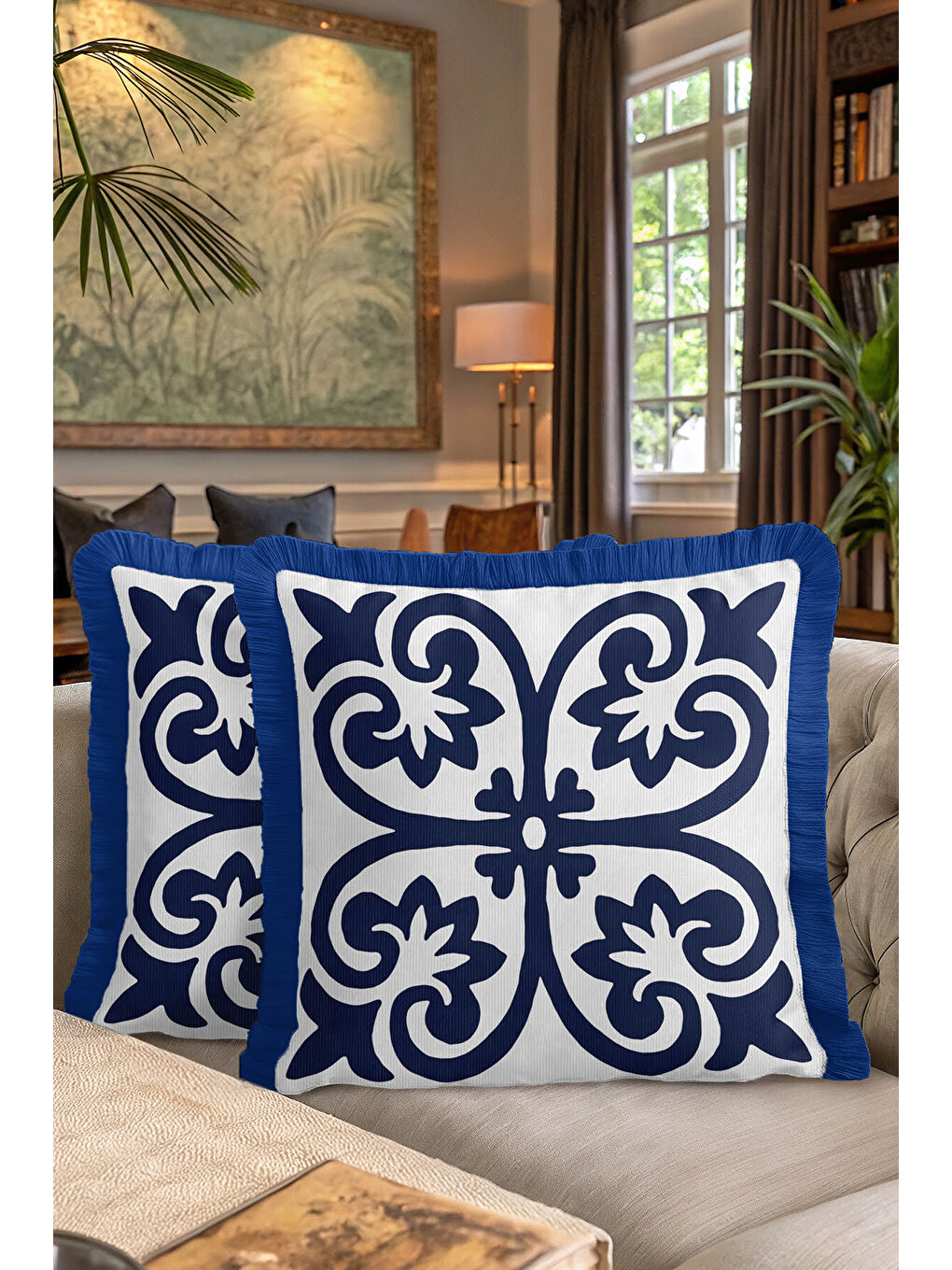 Karışık Barok Motifli Saçaklı Yastık Kılıfı - Akdeniz Klasik Lacivert Beyaz Püsküllü Kırlent Kılıfı-7