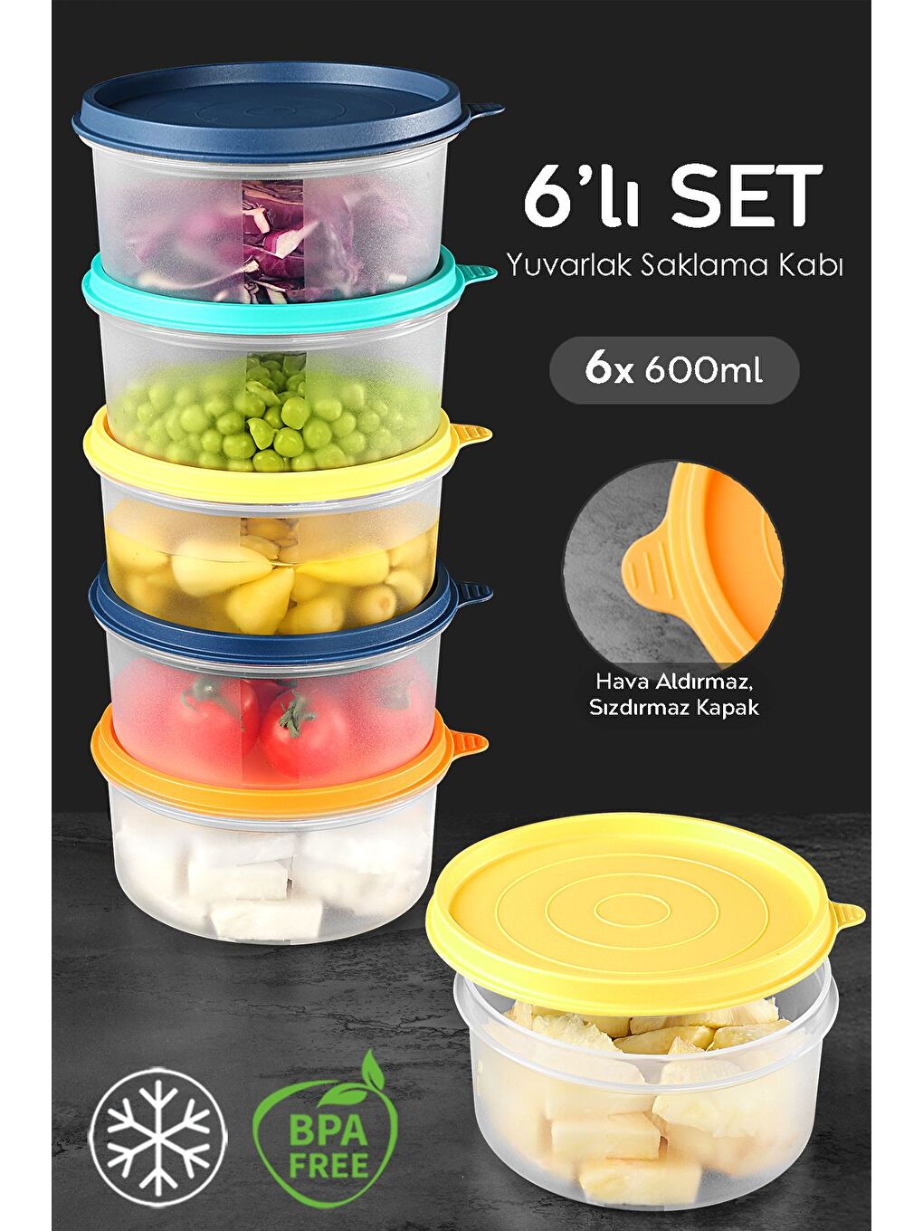 Karışık 6'lı Yuvarlak Gıda Saklama Kabı Seti 6x600 ml Renkli