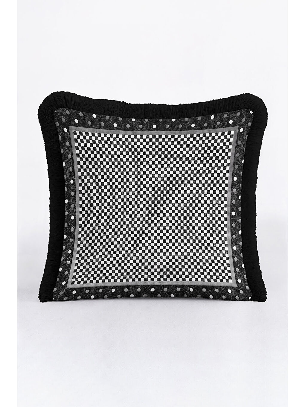 Karışık Lüks Damalı Saçaklı Yastık Kılıfı - Monokrom Modern Siyah Gri Püsküllü Kırlent Kılıfı-1