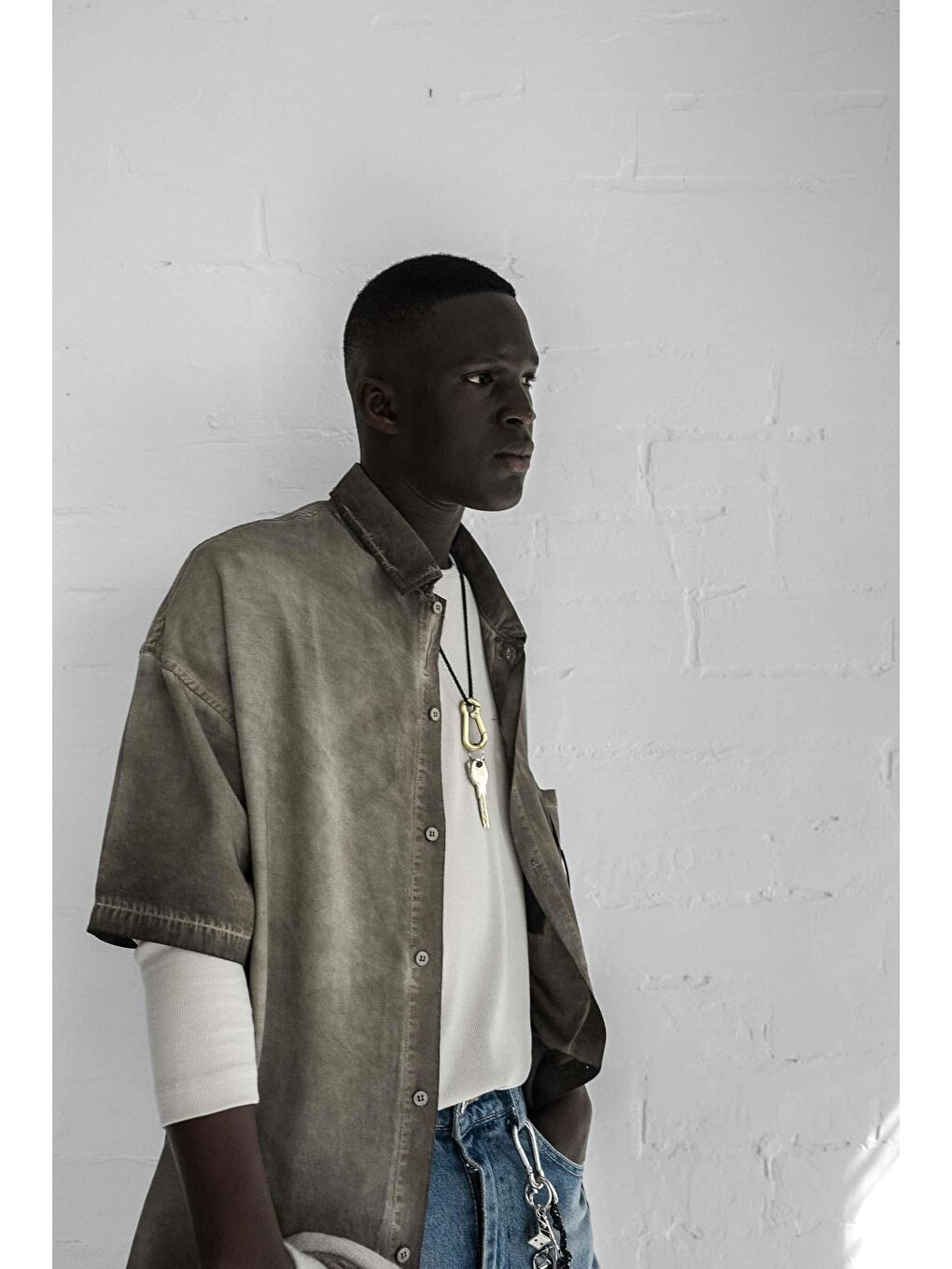 Erkek Yıkamalı Kısa Kollu Oversize %100 Pamuk Gömlek Kahverengi-1