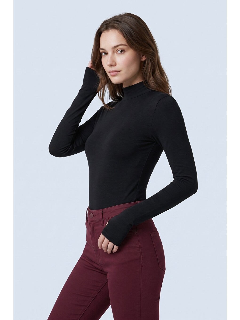 2-siyah Yarım Balıkçı Yaka Parmak Geçmeli Uzun Kollu Body/bluz - 2'li Paket-5