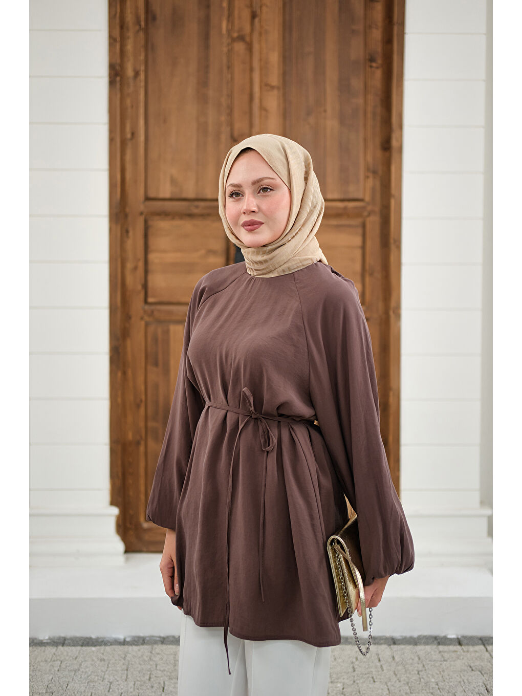 Kadın Bel Bağlamalı Tunik Kahverengi-3