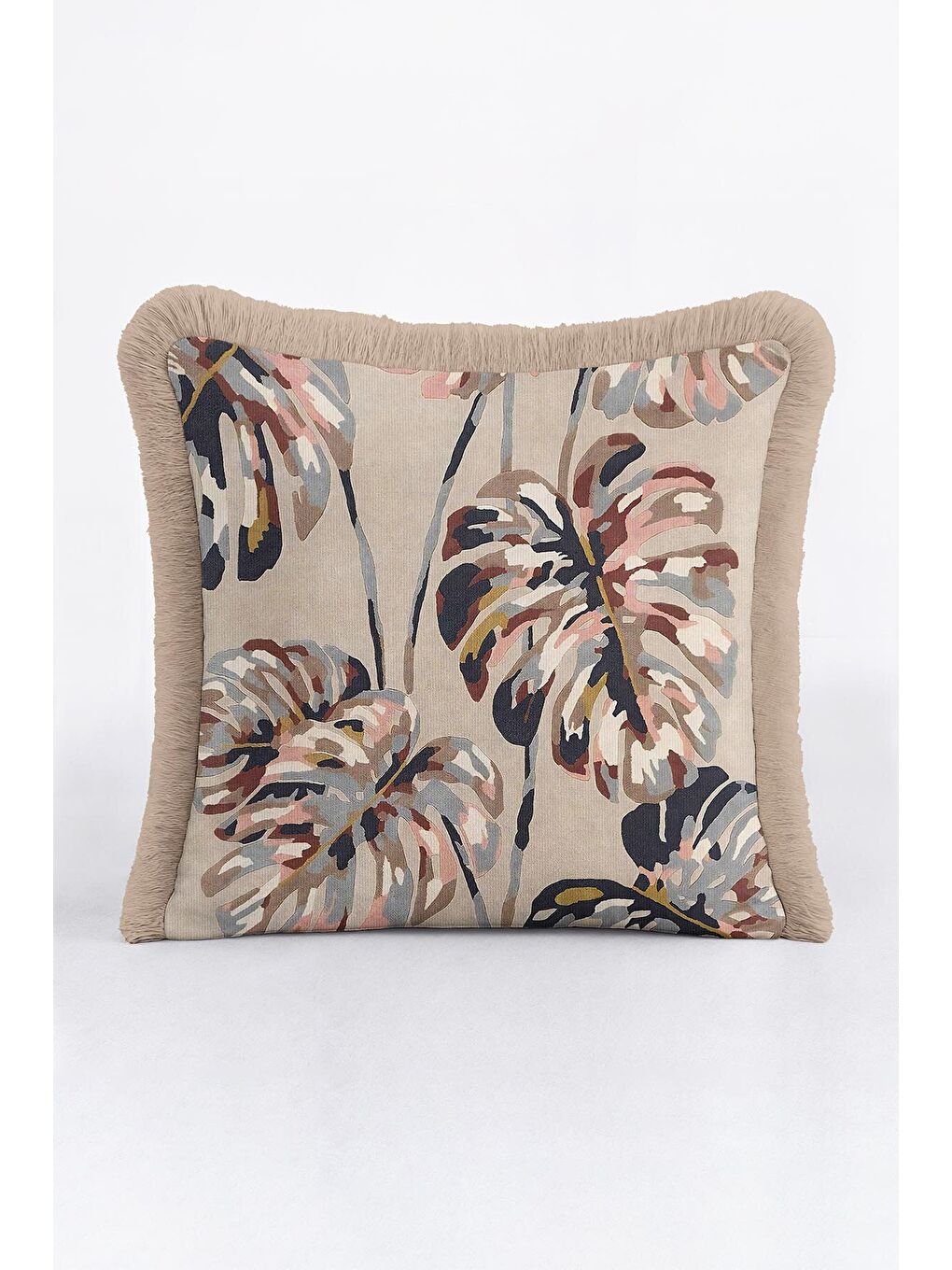 Karışık Tropikal Çiçekli Saçaklı Yastık Kılıfı - Doğal Bohem Bej Çok Renkli Püsküllü Kırlent Kılıfı-1