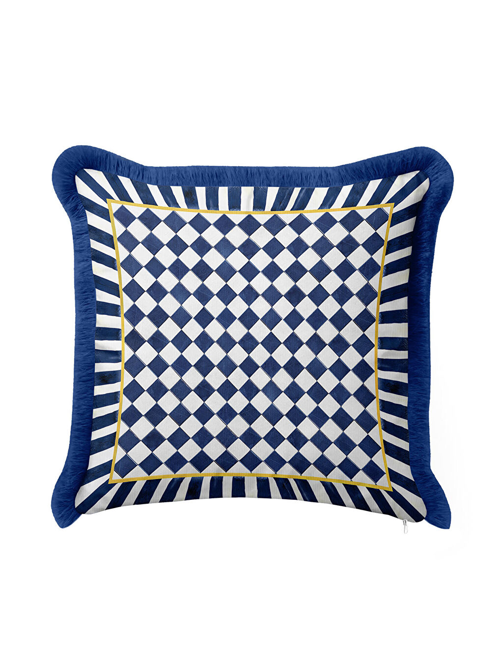 Karışık Lüks Geometrik Saçaklı Yastık Kılıfı - Modern Royal Mavi Altın Renkli Püsküllü Kırlent Kılıfı-1