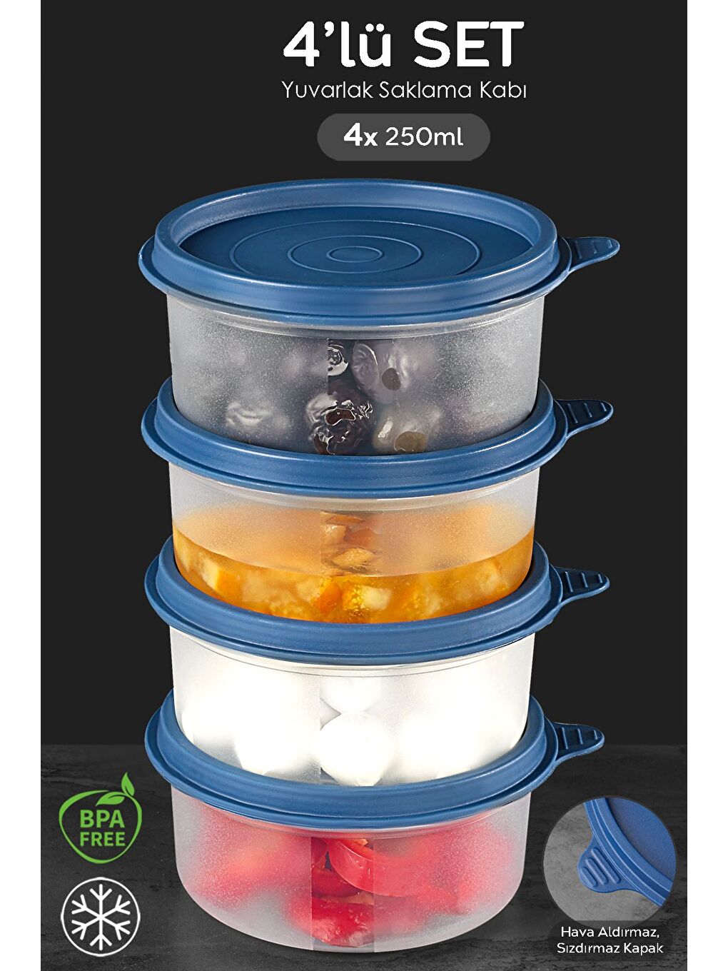 4'lü Yuvarlak Gıda Saklama Kabı Seti 4x250 ml Lacivert