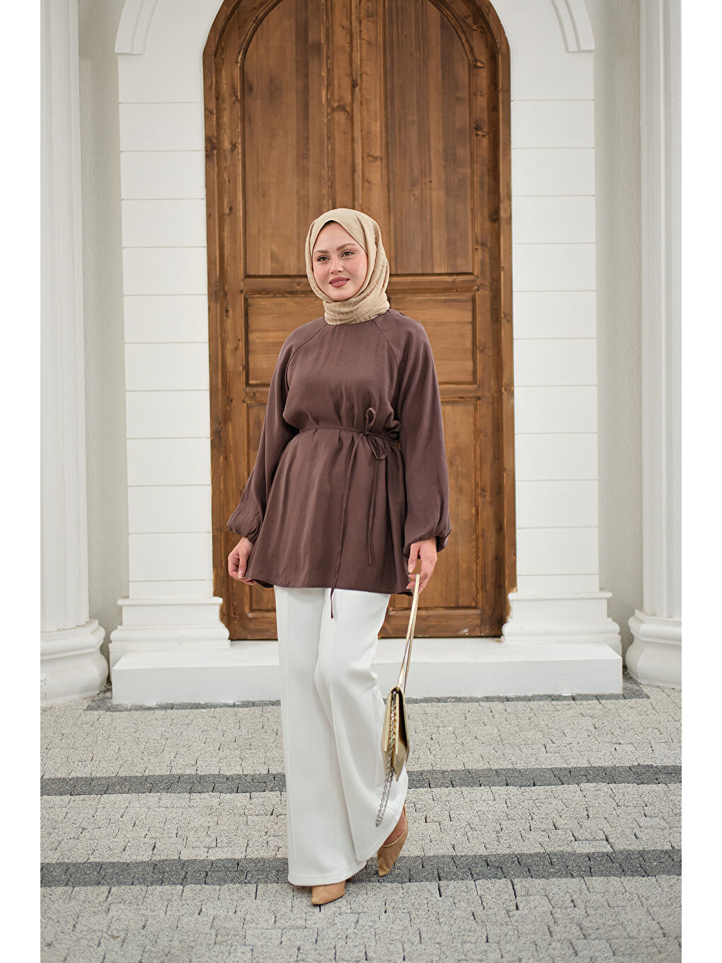 Kadın Bel Bağlamalı Tunik Kahverengi-4