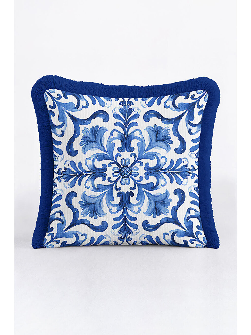 Karışık Barok Lüks Mavi Saçaklı Yastık Kılıfı - Akdeniz Klasik Mavi Beyaz Püsküllü Kırlent Kılıfı-1