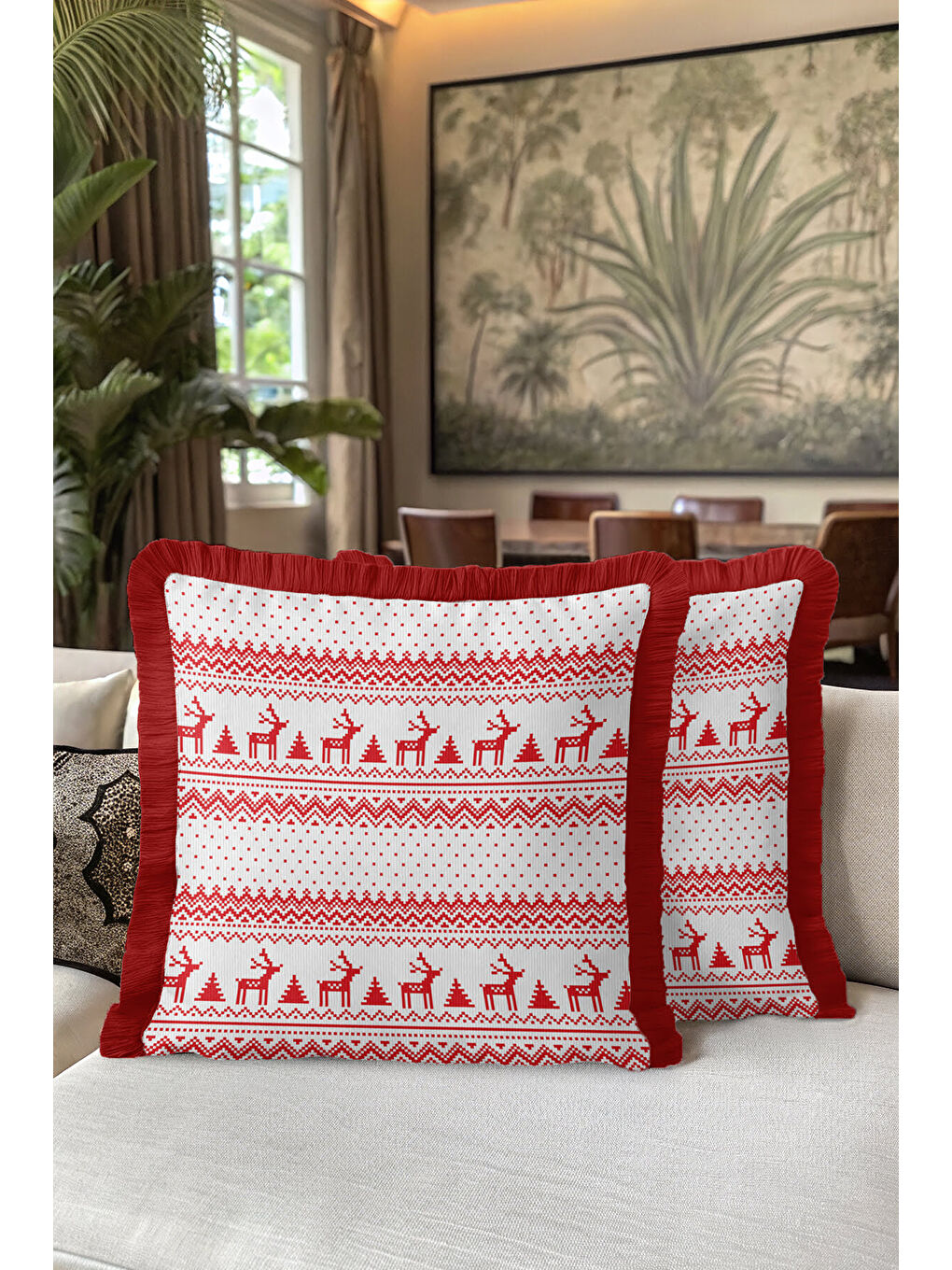 Karışık Yeni Yıl Motifli Saçaklı Yastık Kılıfı - Geyikli Kış Rustik Kırmızı Beyaz Püsküllü Kırlent Kılıfı-5