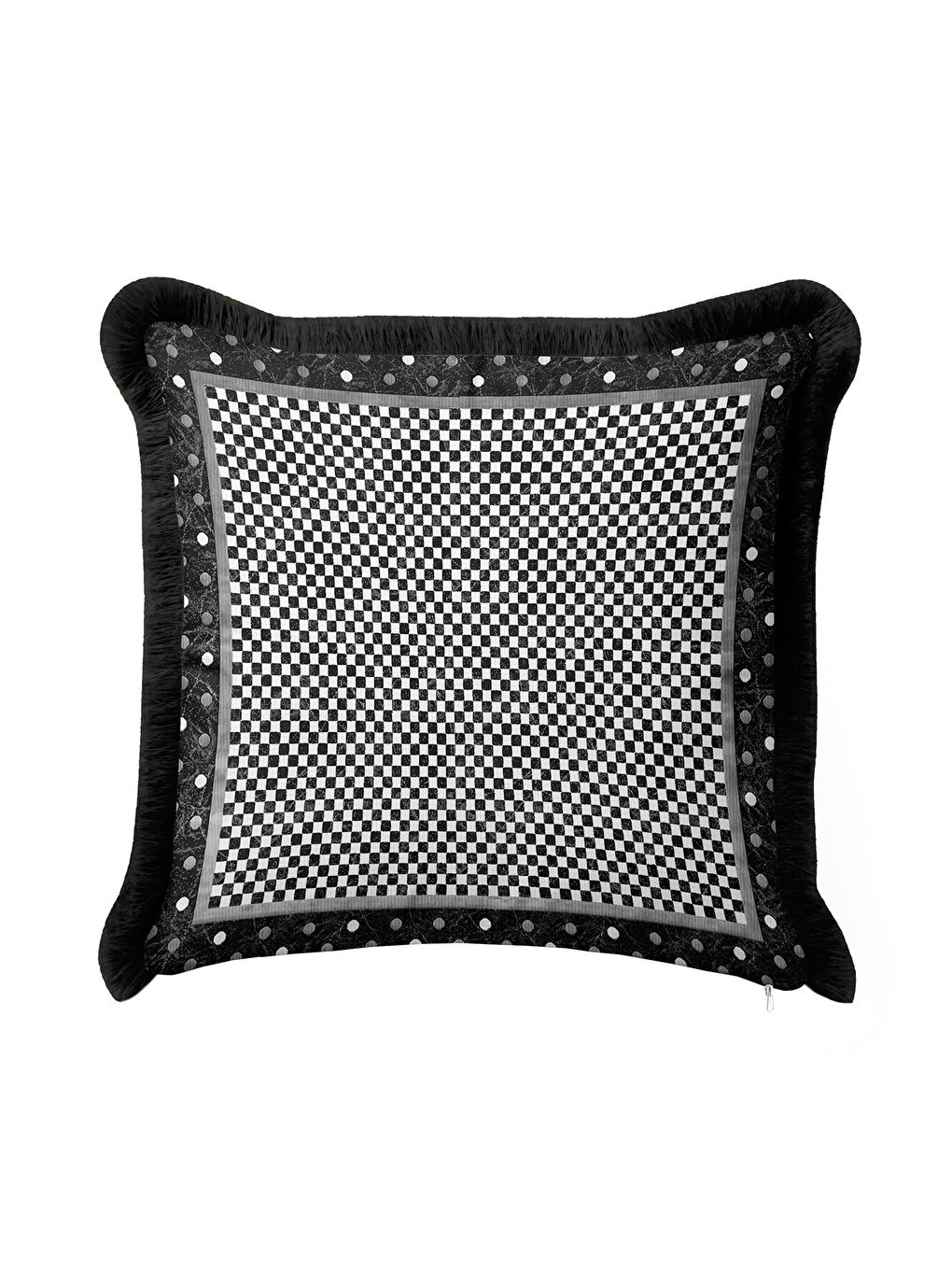 Karışık Lüks Damalı Saçaklı Yastık Kılıfı - Monokrom Modern Siyah Gri Püsküllü Kırlent Kılıfı-2