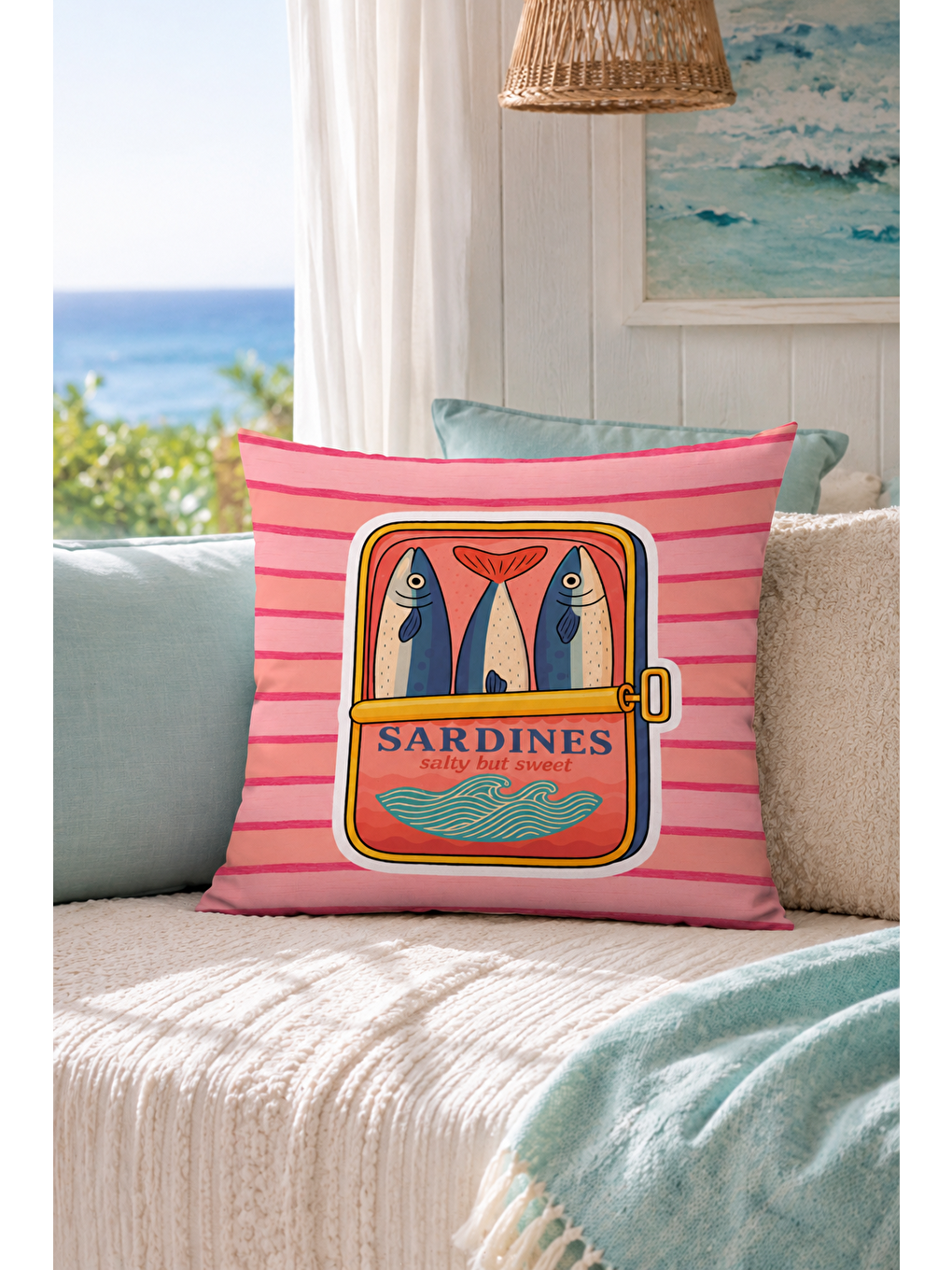 Beyaz Sardines Balık Konservesi Yazı Baskılı Dekoratif Kırlent Kılıfı Yazlık Dekor 43x43 Cm-7