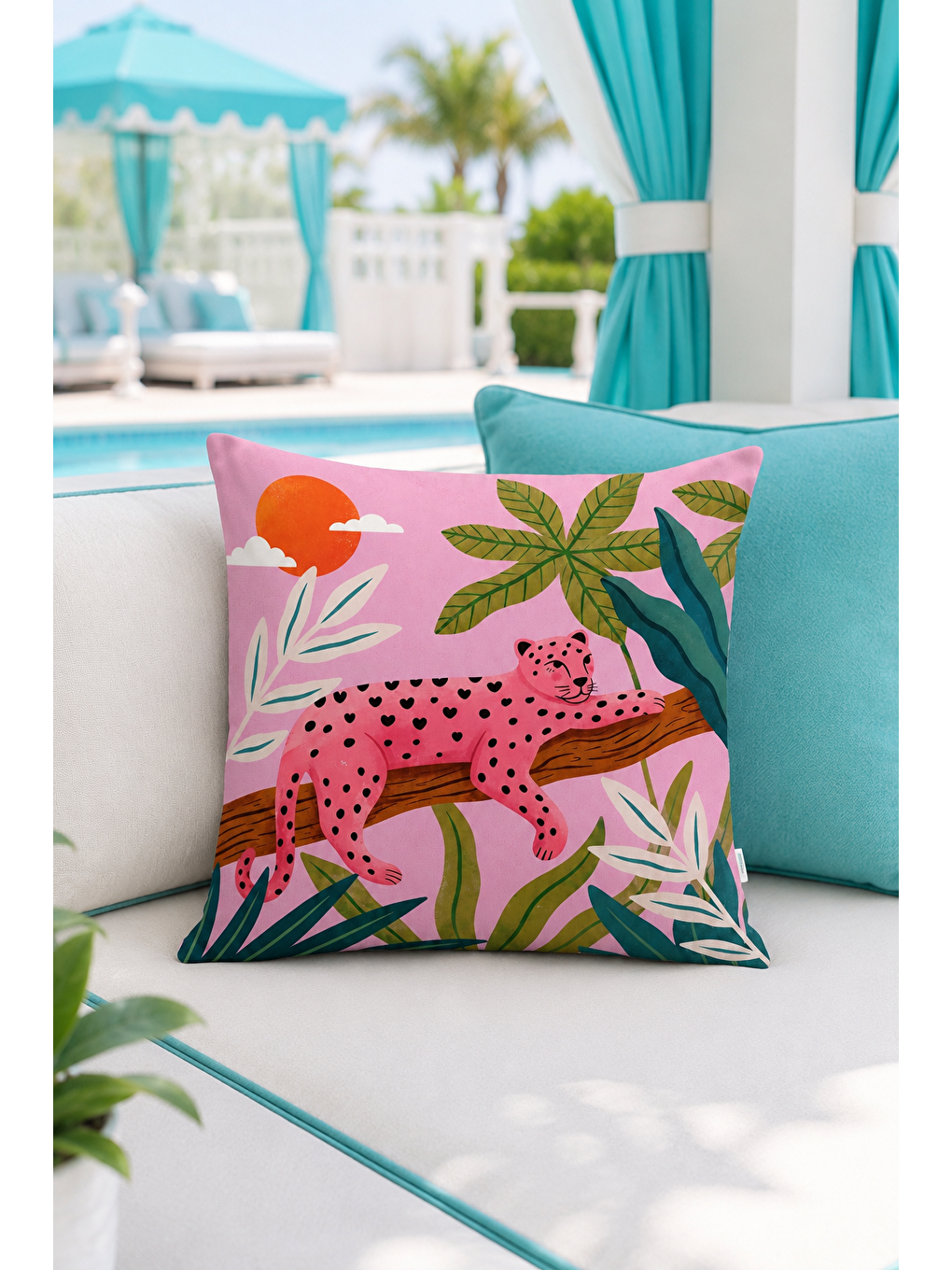 Pembe Leopar Tropikal Yaprak Desenli Dekoratif Kırlent Kılıfı Bohem Dekor 43x43 Cm-2