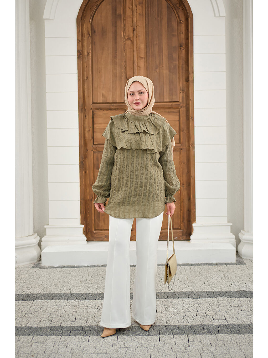 Kadın Kendinden Çizgi Desenli Yaka Büzgülü Tunik Yeşil-2