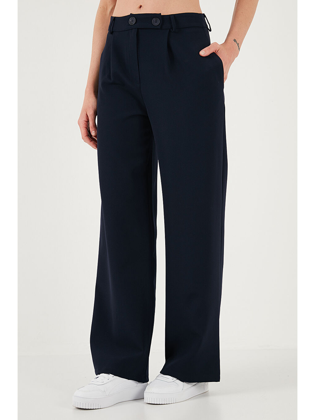 Lacivert Standart Fit Yüksek Bel Bol Paça Pantolon 6522280-3