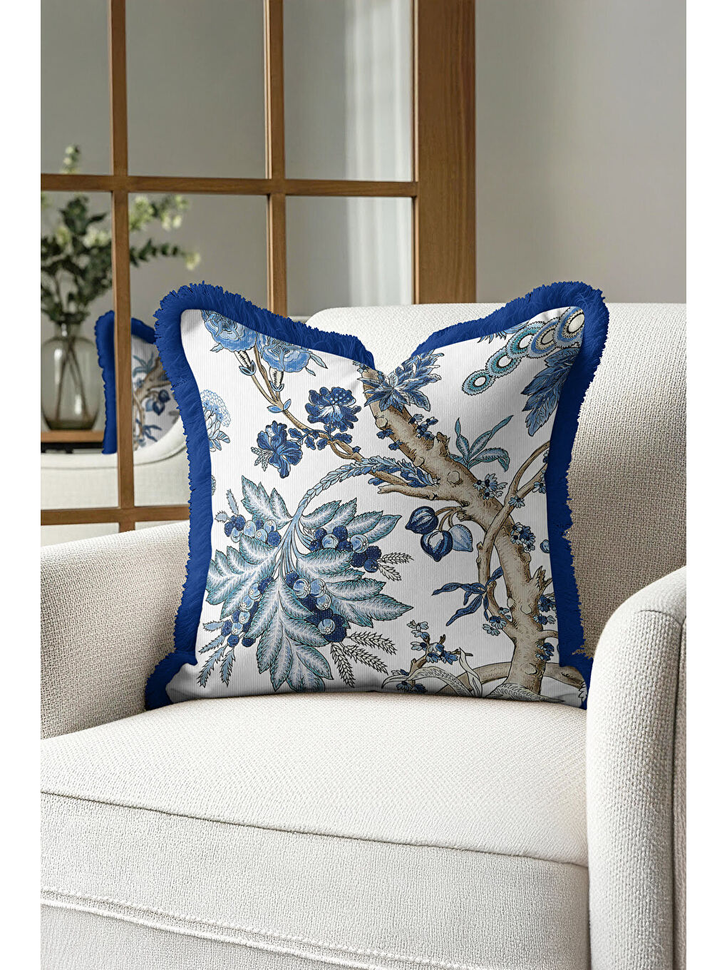Karışık Lüks Botanik Stil Saçaklı Yastık Kılıfı - Mavi Doğal Çiçek Rustik Fon Püsküllü Kırlent Kılıfı