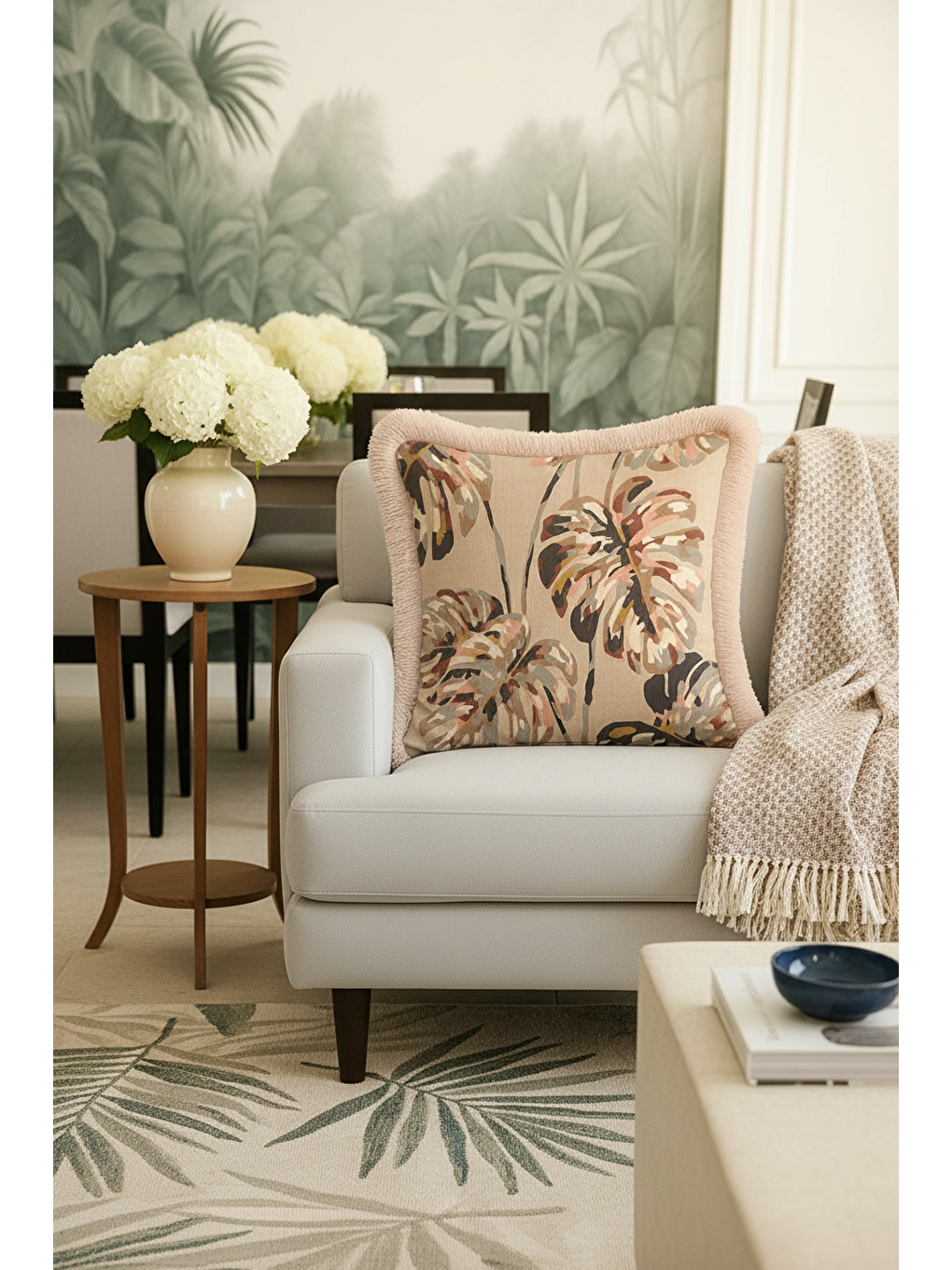 Karışık Tropikal Çiçekli Saçaklı Yastık Kılıfı - Doğal Bohem Bej Çok Renkli Püsküllü Kırlent Kılıfı-2