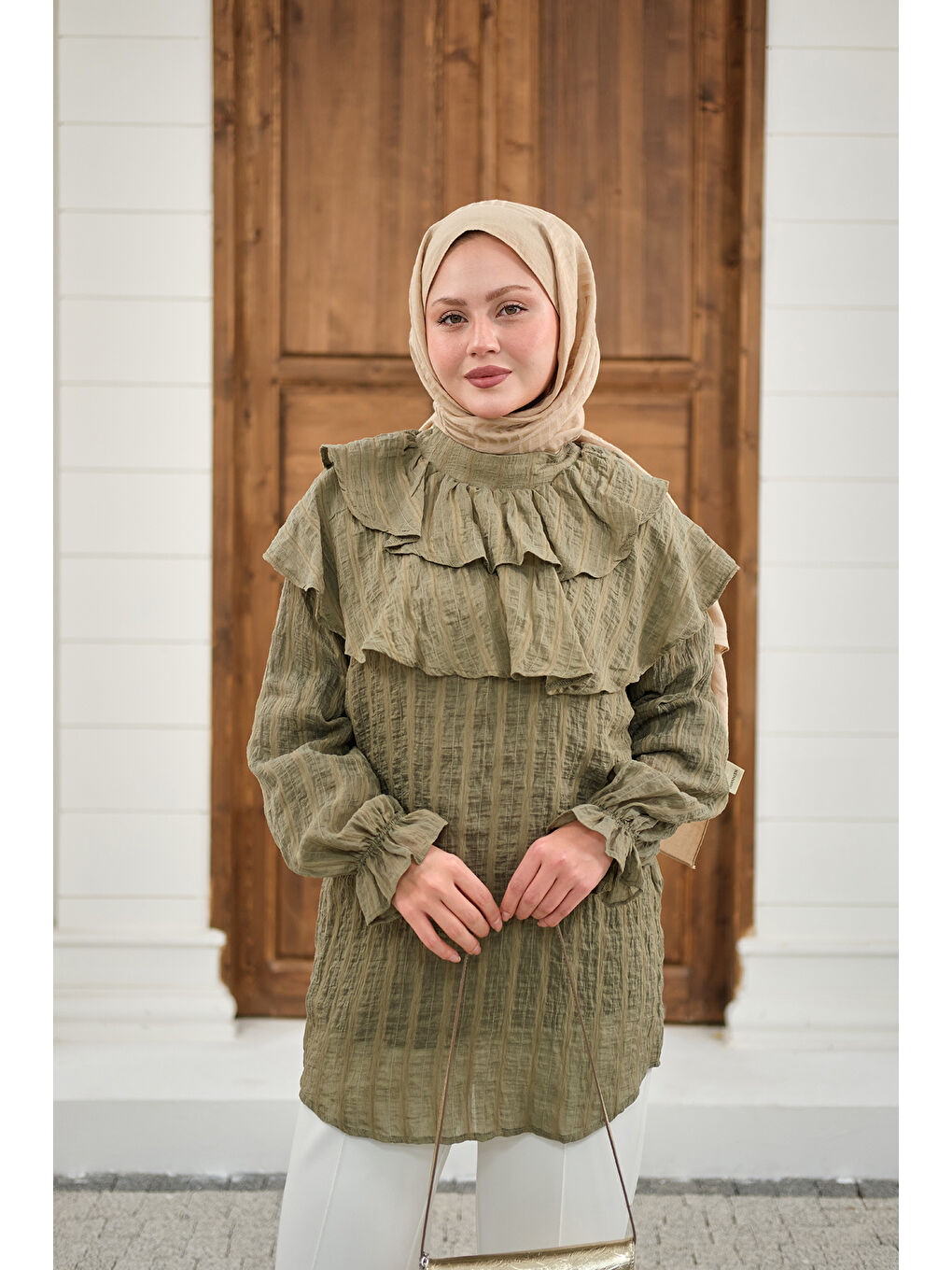 Kadın Kendinden Çizgi Desenli Yaka Büzgülü Tunik Yeşil-3