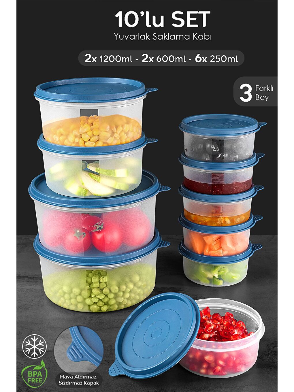 10'lu Yuvarlak Gıda Saklama Kabı Seti 6x250 2x600 2x1200 ml Lacivert