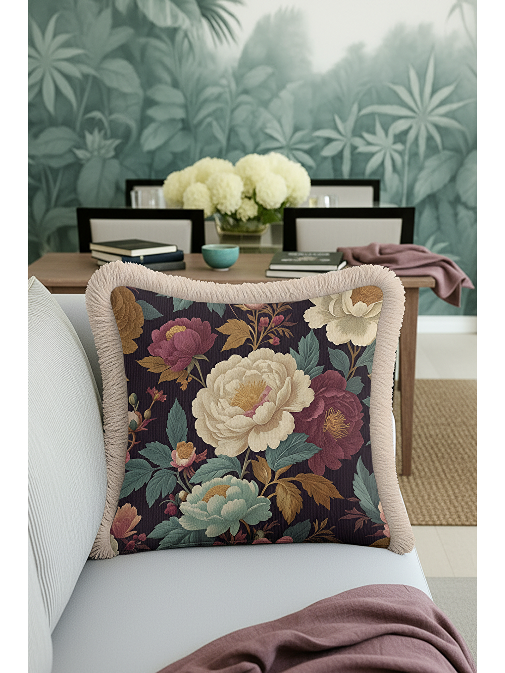 Karışık Lüks Vintage Çiçekli Saçaklı Yastık Kılıfı - Klasik Rustik Gül Bordo Dekor Püsküllü Kırlent Kılıfı