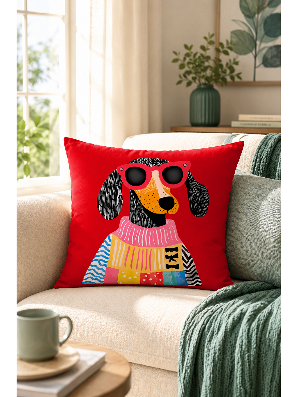 Kırmızı Gözlüklü Köpek Pop Art Desenli Dekoratif Kırlent Kılıfı Modern Salon Dekor 43x43 Cm-4