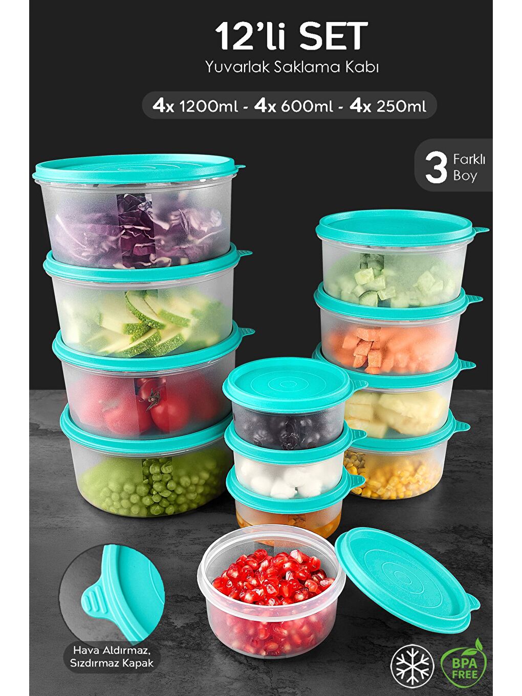 12'li Yuvarlak Gıda Saklama Kabı Seti 4x250 4x600 4x1200 ml Yeşil