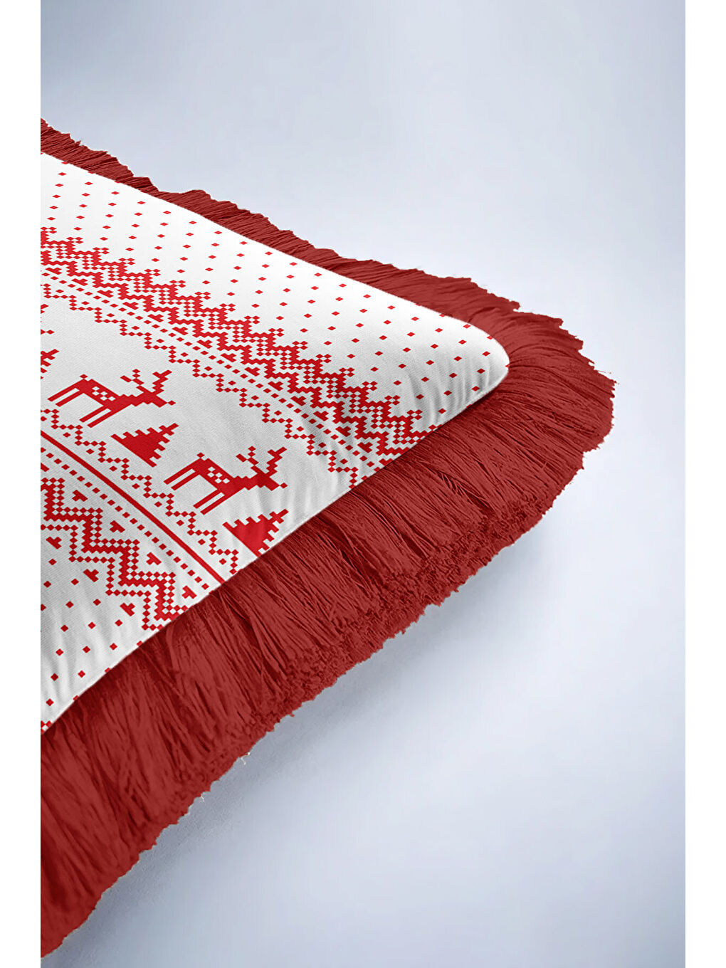 Karışık Yeni Yıl Motifli Saçaklı Yastık Kılıfı - Geyikli Kış Rustik Kırmızı Beyaz Püsküllü Kırlent Kılıfı-6