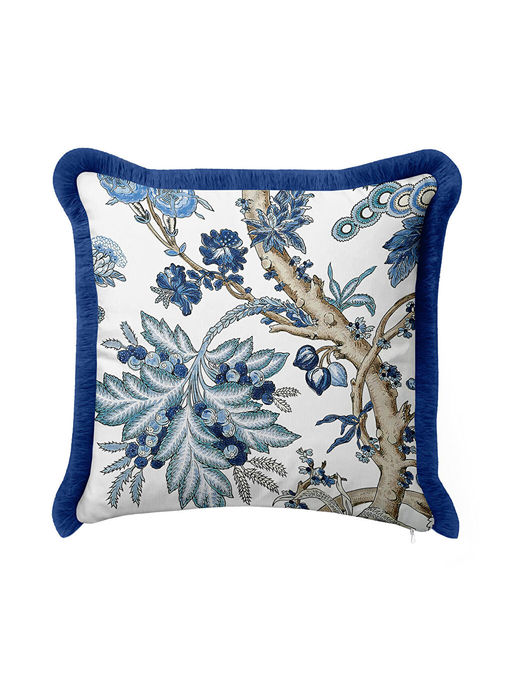 Karışık Lüks Botanik Stil Saçaklı Yastık Kılıfı - Mavi Doğal Çiçek Rustik Fon Püsküllü Kırlent Kılıfı-1