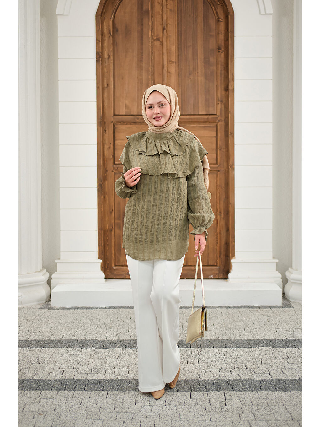 Kadın Kendinden Çizgi Desenli Yaka Büzgülü Tunik Yeşil-4