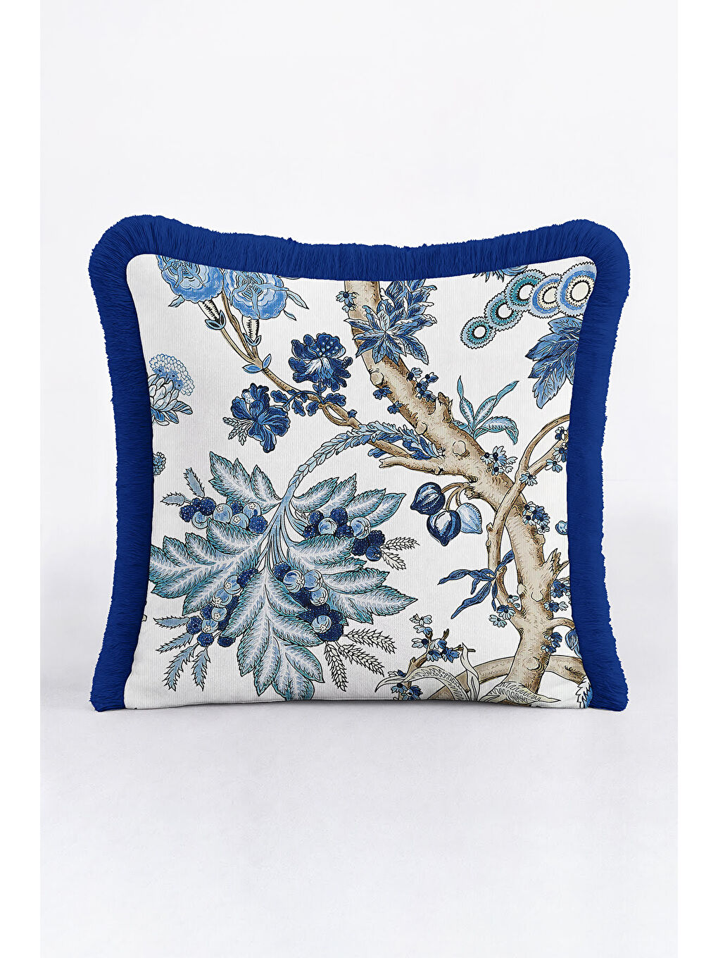 Karışık Lüks Botanik Stil Saçaklı Yastık Kılıfı - Mavi Doğal Çiçek Rustik Fon Püsküllü Kırlent Kılıfı-2