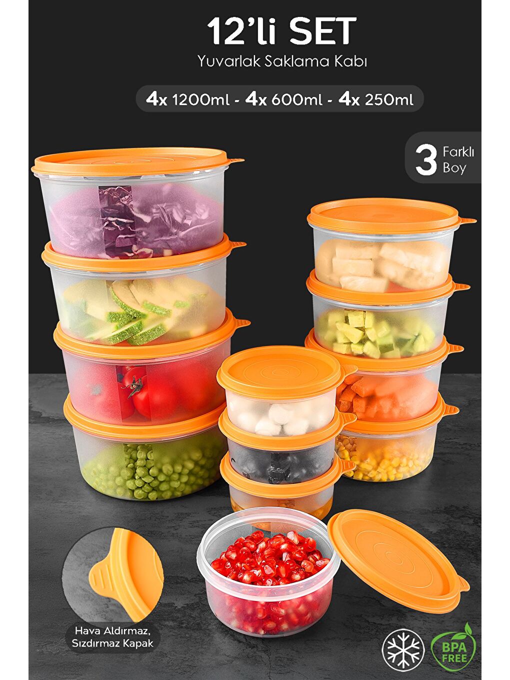 12'li Yuvarlak Gıda Saklama Kabı Seti 4x250 4x600 4x1200 ml Turuncu
