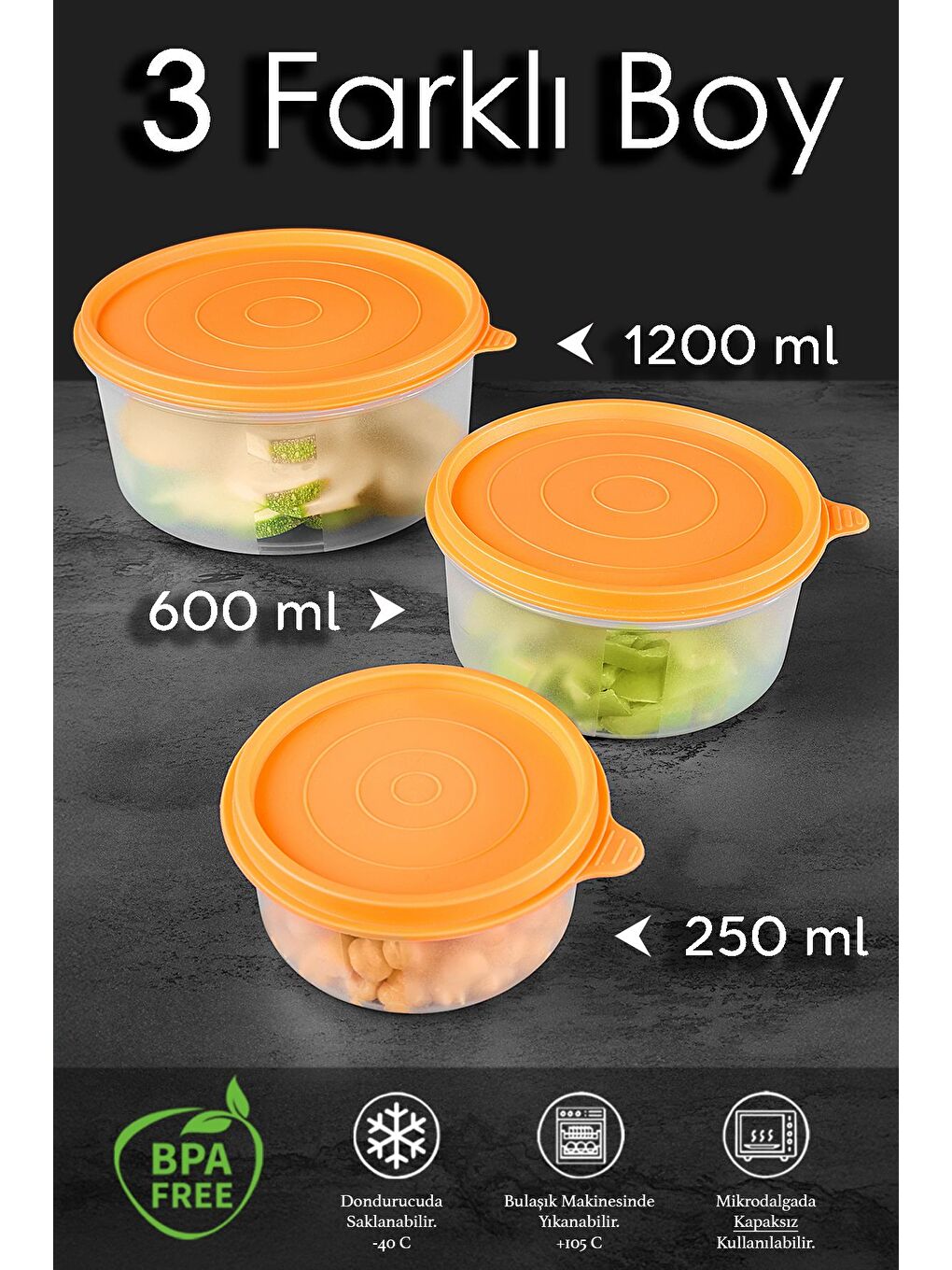 12'li Yuvarlak Gıda Saklama Kabı Seti 4x250 4x600 4x1200 ml Turuncu-1