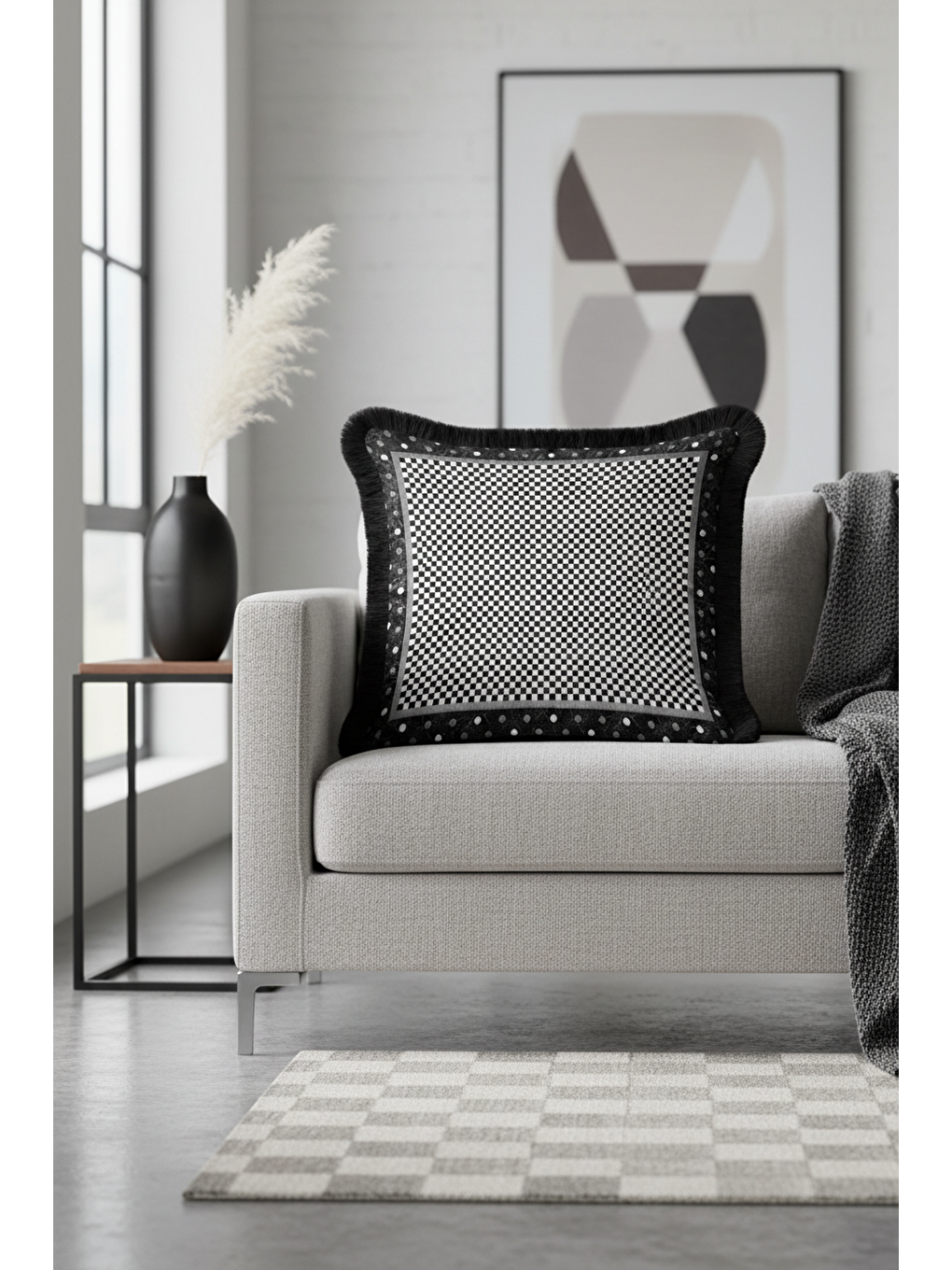 Karışık Lüks Damalı Saçaklı Yastık Kılıfı - Monokrom Modern Siyah Gri Püsküllü Kırlent Kılıfı-3