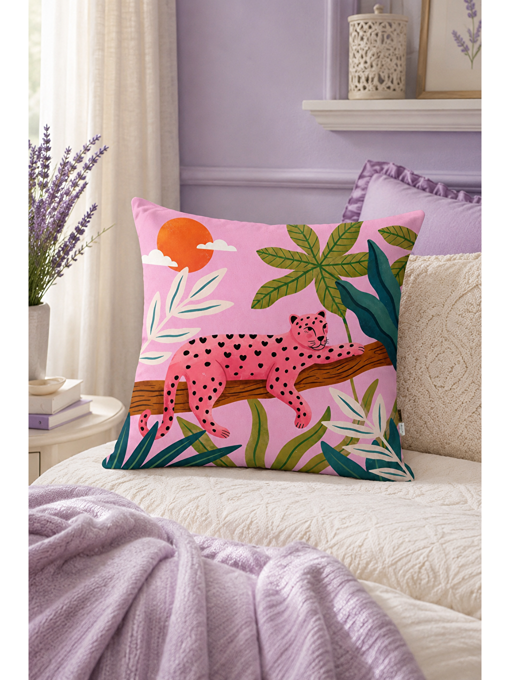 Pembe Leopar Tropikal Yaprak Desenli Dekoratif Kırlent Kılıfı Bohem Dekor 43x43 Cm-3